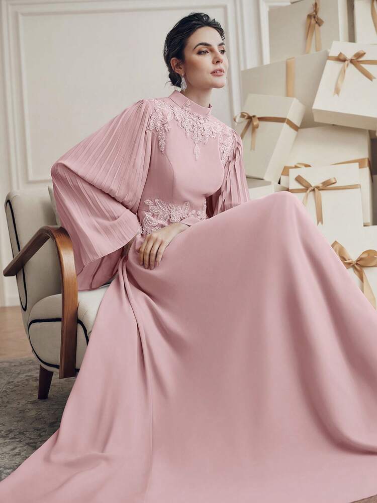 Elegant Pink Collar Applique Sleeve Pleated Waist Flowing Long Sleeve Dress, Spring/Summer