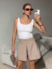 Lavishia Women's Elegant Shorts Skirt With Waist Belt, Suitable For Commuting, Outing And Party Wear, Spring/Summer - Khaki - View 5