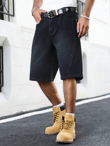 Manfinity EMRG 男士街头时尚奢华通勤折叠设计黑色牛仔短裤 - 黑色 - 查看 1