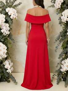 Vestido Largo Elegante con Abertura y Escote Bardot – Ideal para Bodas, Cócteles o Cenas Especiales – Disponible en Varios Colores - Rojo - Ver 2
