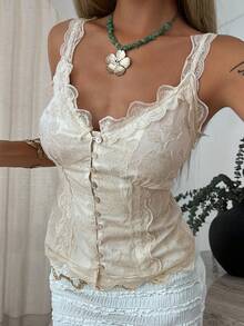 Women's Floral Contrast Lace Trim Camisole, Elegant Waist Cinched Vacation Summer Top - Apricot - View 3