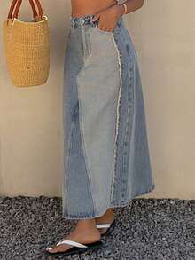 DAZY Patchwork Contrast Color Frayed Hem A-Line Maxi Denim Skirt, Casual Vacation Style For Women, Spring/Summer - Blue - View 4