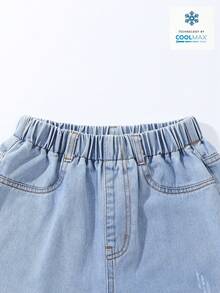 SHEIN Streecool Kids 2026年新款青少年男童四季皆宜天丝牛仔阔腿裤，高腰弹力腰带宽松直筒长裤，轻盈透气，触感凉爽，休闲运动百搭，贴身舒适，日常穿着，度假音乐节必备，酷炫牛仔裤，宽松牛仔裤，浅色水洗牛仔裤，肥大牛仔裤 - 淺色水洗藍 - 查看 6