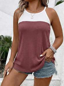 Áo tank top cổ yếm phối màu tương phản, kiểu dáng thường ngày, đa năng, dành cho nữ, cỡ lớn, hàng mới về. - Nhiều màu - Xem 3