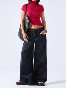 LYSMO 2026 New Arrive Minimalism Spring/Summer Women's Casual Commuting Minimalist Solid Color High Neck Cap Sleeve Asymmetrical Hem Fitted Knit Top - Red - View 6