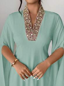 Elenzga Plus Size Women's New Elegant Solid Color Luxury V-Neck Embroidered Slit Long Sleeve Maxi Dress - Green - View 4