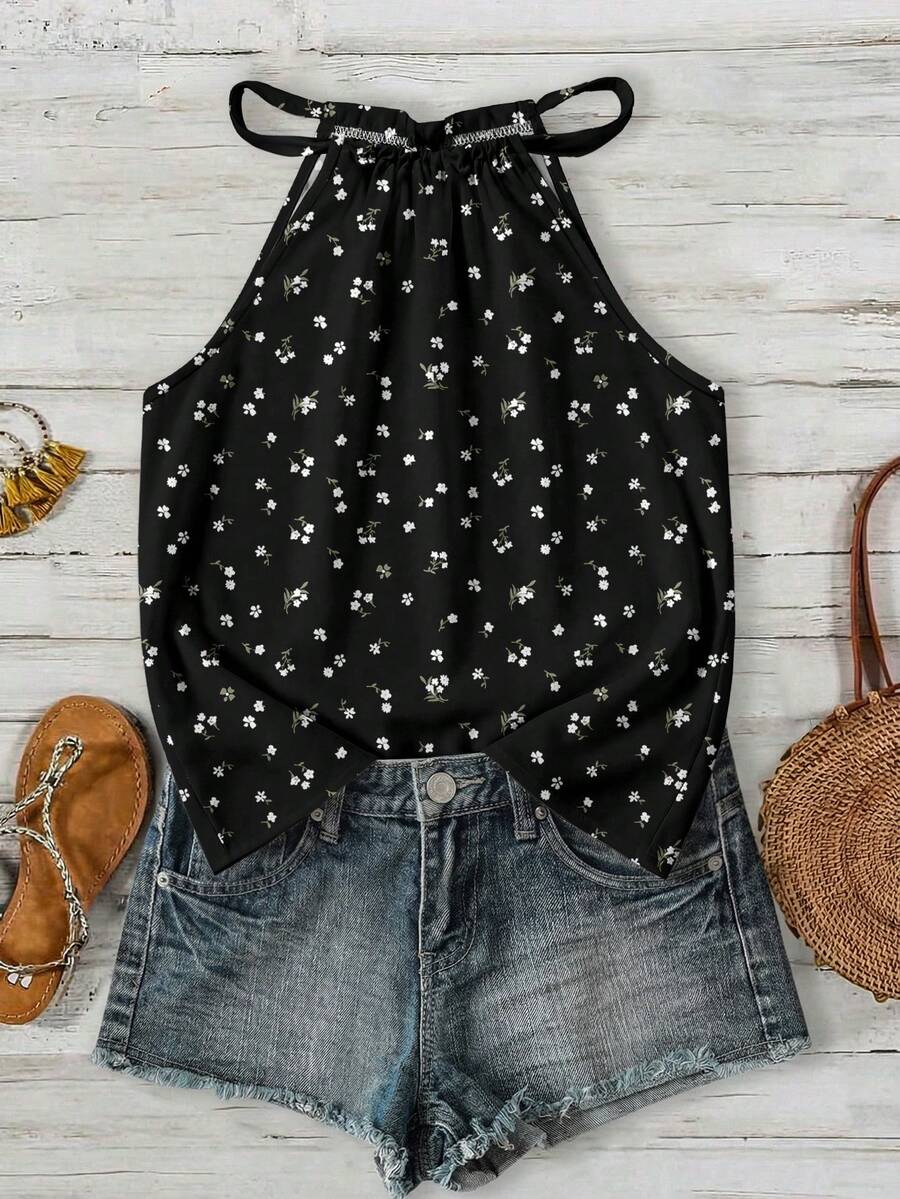 SHEIN LUNE Women's Ditsy Floral Halter Neck Camisole, Suitable For Spring And Summer,Summer Top - Multicolor - View 1