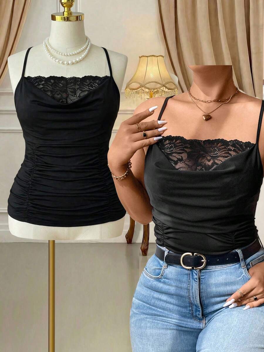 Rometta Plus Size Lace Patchwork V-neck Camisole Top - Black - View 1