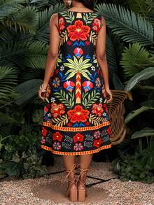 SHEIN Lady Đầm midi không tay cổ tròn in hình cây cọ dành cho nữ, kiểu dáng thường ngày. - Nhiều màu - Xem 2