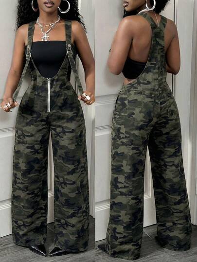 Slaydiva Women's Denim Jumpsuit, Camouflage Straight Leg Denim Jumpsuit, Camouflage Jungle Theme Clothing, Y2K Fashion, Suitable For Outdoor, Street, Everyday, Christmas, Valentine's Day, And New Year.