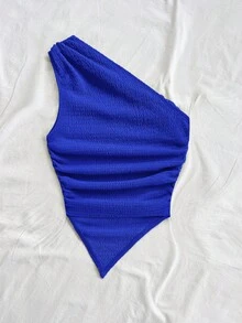 Soleia 皇家藍夏季女款不對稱下擺單肩扭結上衣，休閒優雅海灘波希米亞度假風復古上衣 - 寶藍色 - 查看 2