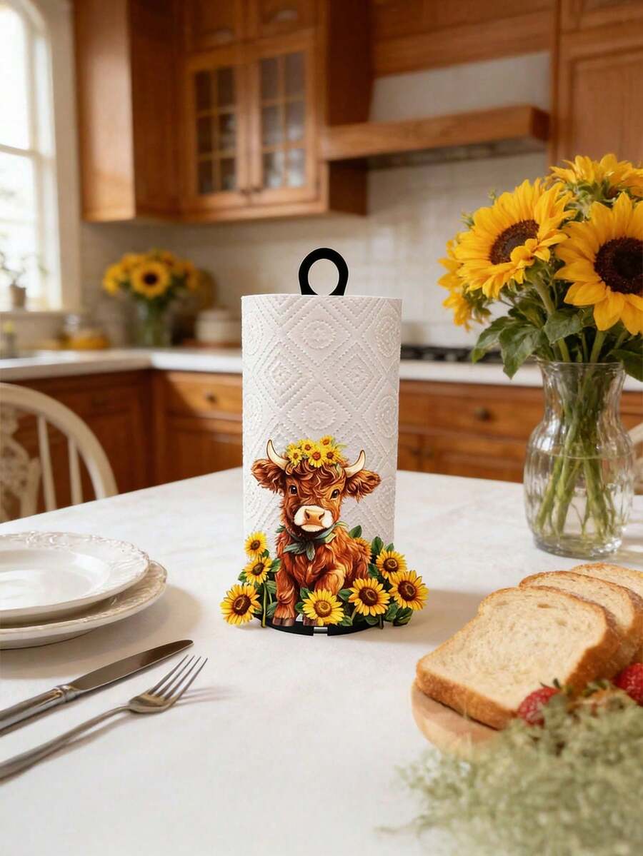 Suporte de Papel Toalha Estilo Fazenda com Vaca das Terras Altas Fofa e Girassol, Decoração de Cozinha Estilo Fazenda com Padrão Adorável de Vaca e Girassol, Suporte de Papel Toalha para Bancada, Armazenamento de Cozinha Doméstica e Decoração de Feriados, Presente Perfeito para a Família - Multicolorido - Visão 1