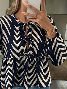 Pariaura Leopard Print Tie Neck Lantern Sleeve Peplum Blouse Peplum Top - Multicolor - View 3