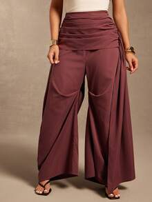 Vixey Solid Woven High Waist Gathered Sash Wide Barrel Leg Pants - Brown - View 2