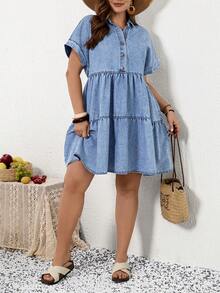 EMERY ROSE EMERY ROSE Plus Size Solid Color Minimalist Casual Short Sleeve Denim Dress - Light Wash - View 5
