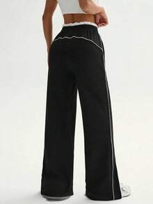Dewbera Women's Contrast Trim Elastic Waist Casual Loose Sweatpants - Black - View 2