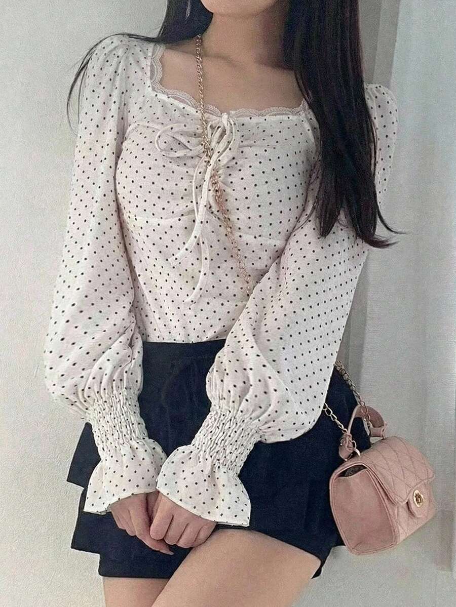 FRIFUL Áo thun dài tay nữ in chấm bi, thắt nơ phía trước - trắng - Xem 1