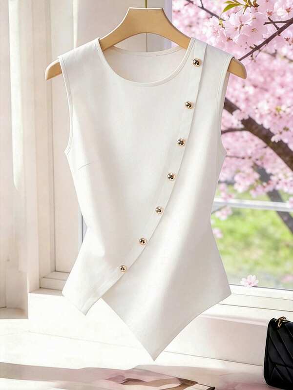 SHEIN Franclia Blusa elegante sin mangas con cuello redondo y decoración de botones de unicolor para mujer