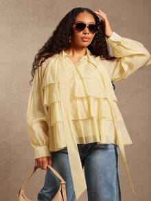 Vixey 薄纱纹理雪纺层叠荷叶边下摆灯笼袖围巾上衣 - 黃色 - 查看 5