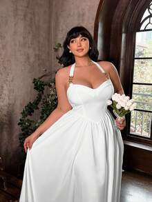 Lyrianda Vestido con cuello halter y decoración metálica para mujer de talla grande - Blanco - Ver 6
