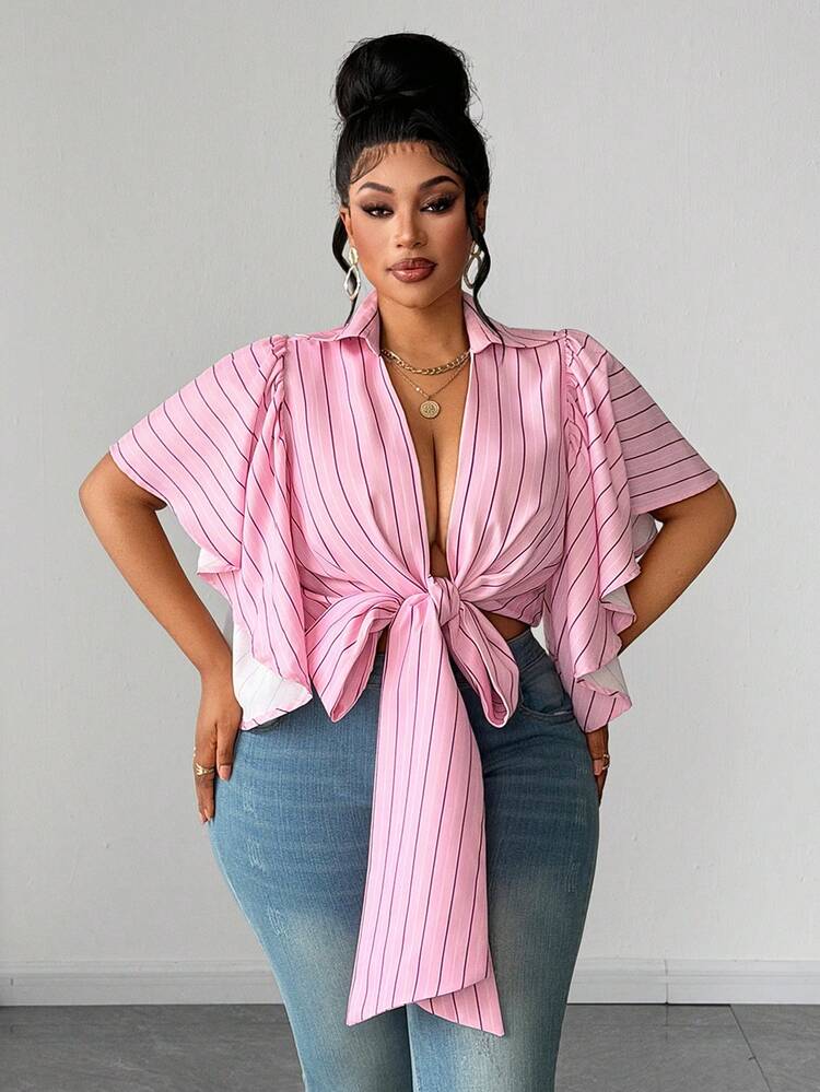 Maweii Blusa a rayas de diseño versátil y elegante de talla grande, de estilo retro y casual para ir al trabajo - Rosa - Añade 5