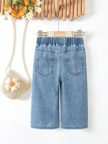 女婴可爱花卉刺绣松紧腰宽松阔腿蓝色牛仔裤，春夏款 - 淺色水洗藍 - 查看 2