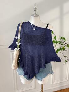 Comfortcana Suéter casual de mujer de talla grande con bajo asimétrico, versátil para uso diario - Azul Marino - Ver 4