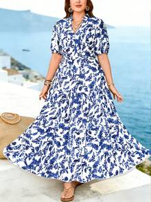 SHEIN Holidaya Đầm nữ cỡ lớn cổ chữ V tay ngắn, thắt eo, cài cúc phía trước, họa tiết lá cây, kiểu dáng thường ngày, thích hợp cho kỳ nghỉ. - Màu xanh lam - Xem 5