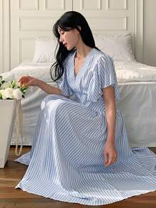 Strévra Women's V-Neck Ruffled Shoulder Cinched Waist Striped Pleated Mid-Length Dress - Blue - View 6