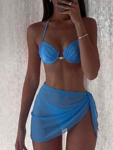 Costavie Swim Bonvoyette 三件套泳衣，纯色网纱面料，金色贝壳装饰，钢圈文胸，比基尼泳裤和裙子，性感女士泳装三件套，适合春夏度假 - 藍色 - 查看 1