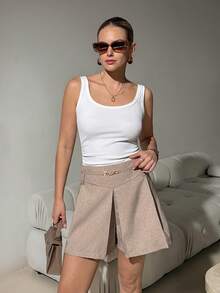 Lavishia Women's Elegant Shorts Skirt With Waist Belt, Suitable For Commuting, Outing And Party Wear, Spring/Summer - Khaki - View 4