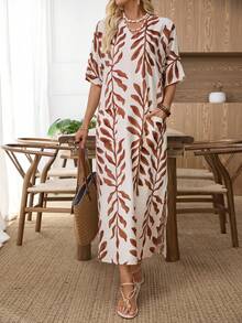 SHEIN Holidaya 女士休闲宽松口袋连衣裙 - 杏色 - 查看 6