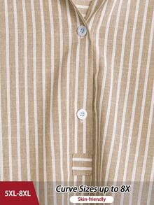 SHEIN CURVE+ 大码女式休闲百搭法式复古优雅都市女性风，独特经典蓝白条纹设计，修身优雅，适合搭配衬衫、外套等。 - 卡其色 - 查看 7