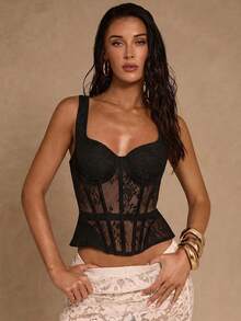 SHEIN Glamour 女士优雅纯色蕾丝吊带背心，夏季胸下束身衣，女士束身胸衣，带钢骨束身衣，系带束身衣，女士束身衣上衣，蕾丝束身衣上衣，黑色束身衣上衣 - 黑色 - 查看 4