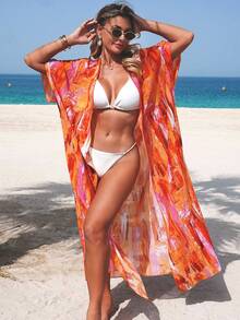 Swim Lushoire 女士度假休闲印花和服罩衫 - 亮橙色 - 查看 1