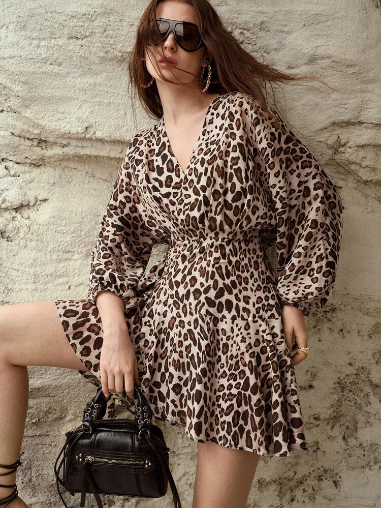 CHIC LEOPARD PRINT LINEN BLEND SHORT SLEEVE DRESS, SUITABLE FOR SPRING & SUMMER