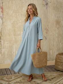 Faunlyn Đầm dài cổ khoét màu trơn thanh lịch dành cho nữ - Màu xanh lam - Xem 5