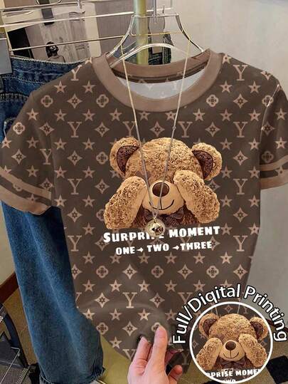 Resyla Women's Letter & Cartoon Bear Print Regular Fit Crew Neck Short Sleeve T-Shirt