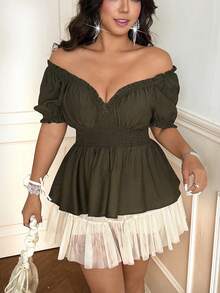 Vionelle Plus Size Sexy Off-Shoulder Ruffle Trim Blouse - Army Green - View 1