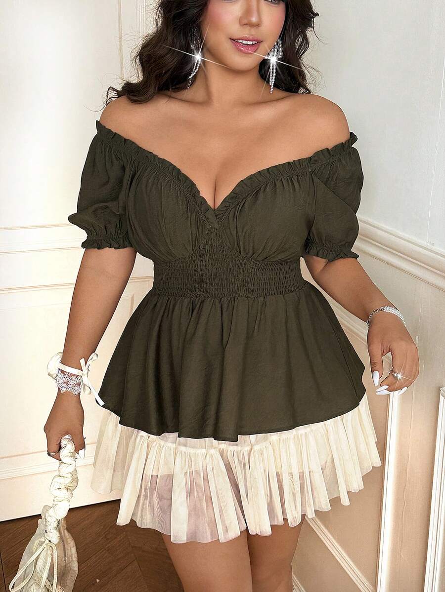 Vionelle Plus Size Sexy Off-Shoulder Ruffle Trim Blouse - Army Green - View 1