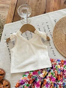 SHEIN LMoss Kids 女婴两件套：纯色针织吊带背心 + 印花雪纺迷你裙 - 彩色 - 查看 6