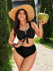 Swim Vcay Plus Size Women V-Neck Removable Strap Backless Metallic Fabric Swimwear Set With Ruched Triangle Bottoms, Vacation & Party Wear - Black - View 5