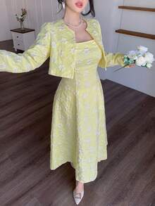 Modelyn Petite Elegant Yellow Jacquard Dress & Jacket Set For Outing - Yellow - View 7