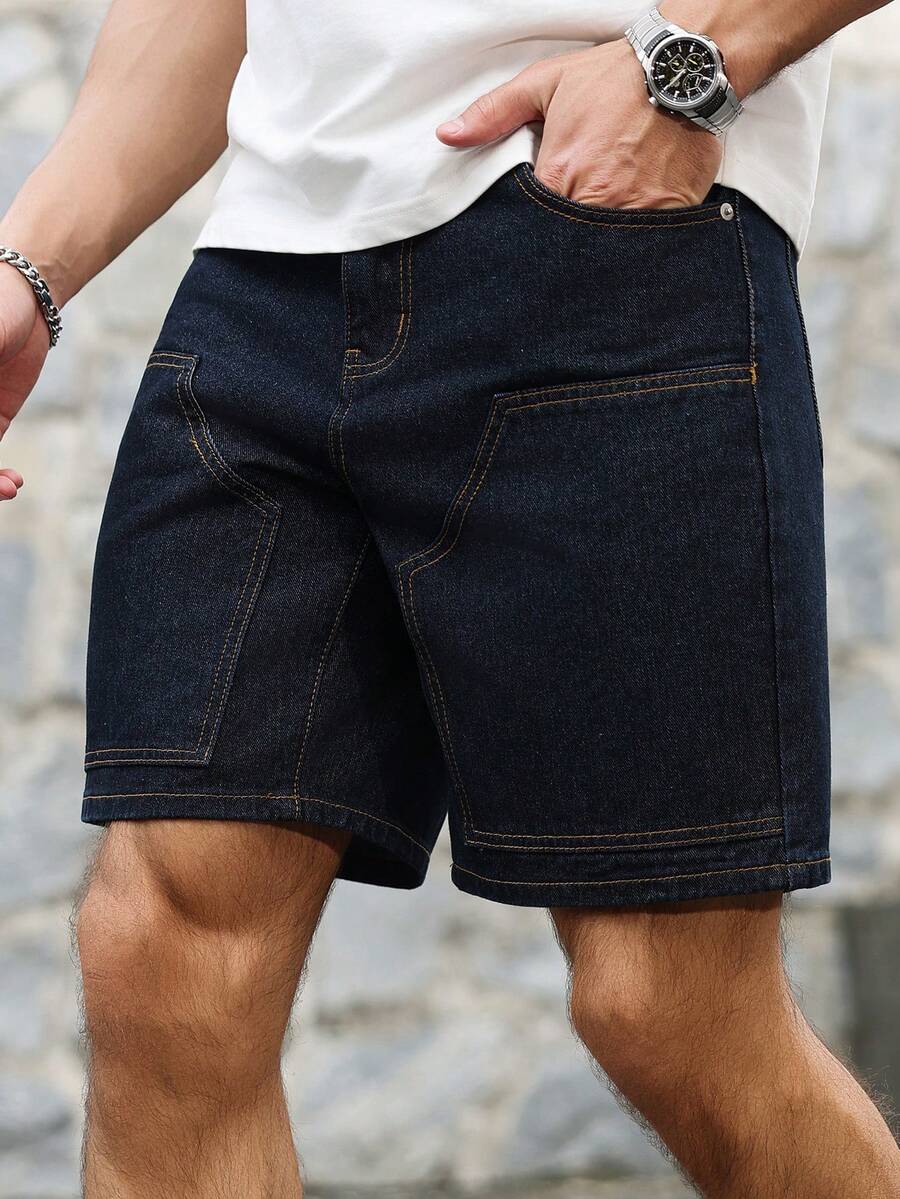 Manfinity Homme 休闲水洗深蓝色宽松及膝牛仔短裤，春夏款 - 藍色 - 查看 1