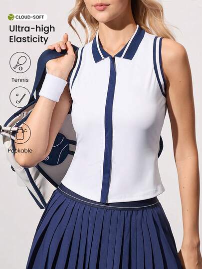 CourtClass 女士撞色Polo领定制罗纹袖口拉链背心休闲运动网球衫，适合日常穿着，女士网球服，高尔夫球服，女士网球服