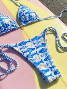 Swim Mod 2pcs/Set Women's Beach Outfit, Fashionable & Cute Resort/Beach/Pool/Party Wear, Ocean Animal Striped Halter Backless Crop Top And Side Tie Bikini Bottom Swimwear - Multicolor - View 5