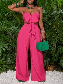 Slaydiva Rose Red Front Tie Bandeau Top And Wide Leg Pants Women Vacation Outfit - Hot Pink - View 3