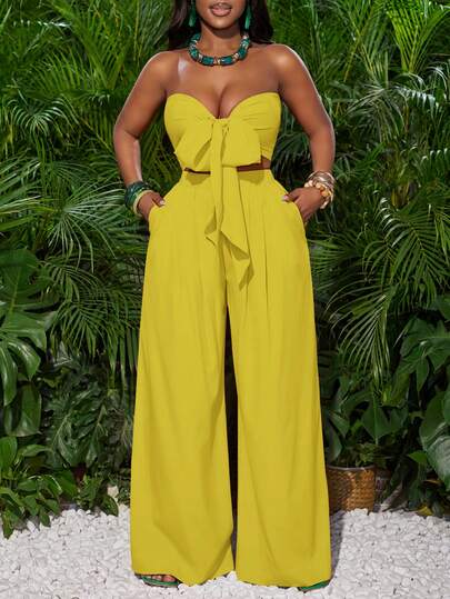Slaydiva Conjunto de vacaciones para mujer con top bandeau con lazo delantero en color rosa rojo y pantalones de pierna ancha