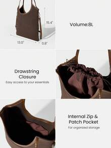 GLOWMODE Medium 8L Glowette Faux Leather Detachable Shoulder Strap Zipper Compartment Slip Pocket Drawstring Closure Crossbody Tote Bag Outdoor Daily Casual - Brown - View 4