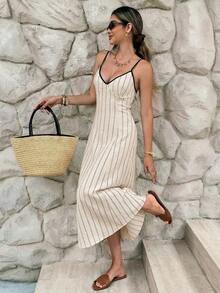 Serisse Đầm midi nữ kẻ sọc hở lưng buộc dây kiểu dáng thường ngày - Màu be - Xem 10